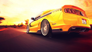 Yellow car sunset mountain ocean - digital painting free wallpaper