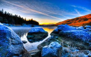 Lake rocks trees sunset cloudy 2 - adam bruce thomson free wallpaper