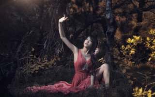 Woman red dress outdoors autumn - chen lin free wallpaper