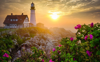 Lighthouse rockycliff sunset flowers house - a rocky cliff free wallpaper