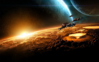 Space ships over planet sunset - distant free wallpaper