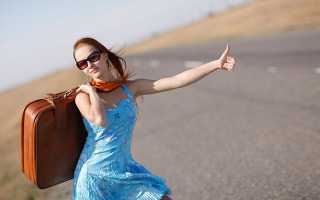 Woman blue dress suitcase thumbs - the side of the road free wallpaper