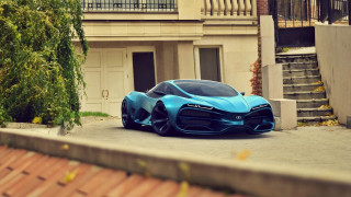 Blue sports car street building - a staircase in the background free wallpaper