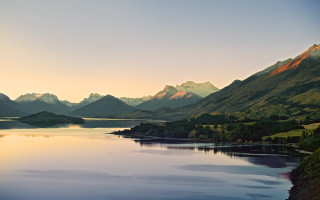 Lake mountains sunset clouds city - beautiful free wallpaper for desktop