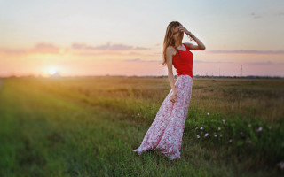 Woman dress field sunset blonde - the sky in the background free wallpaper