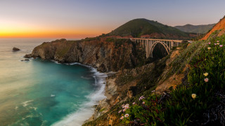 Bridge water cliff flowers mountain - beautiful free wallpaper
