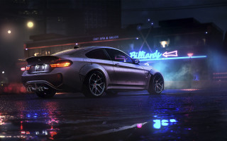 Silver car wet street night - a neon free wallpaper