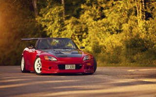 Red sports car autumn leaves 5 - the side of the road in front free wallpaper