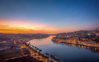 River boats city sunset magic - a colorful sky free wallpaper