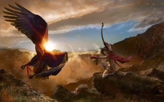 Woman sword bird wings horizon - matte fantasy painting free wallpaper