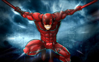 Red suited man baseball bat - his hand and a city in the background free wallpaper