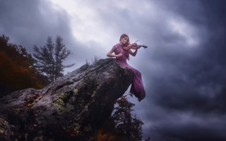 Woman violin forest night starry - a dark sky free wallpaper