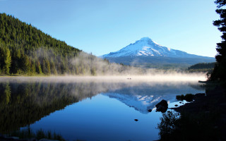 Mountain lake mist forest boat - a matte painting free wallpaper