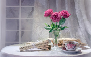 Pink roses vase music sheets - pink rose free wallpaper