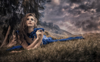 Woman blue dress field tree - a tree in the background free wallpaper