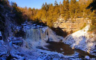 Waterfall bridge trees snow autumn - a bridge over free wallpaper