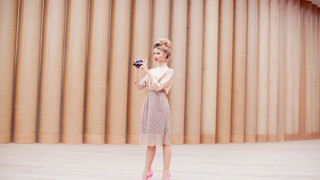 Woman dress camera curtained wall - a camera in front free wallpaper
