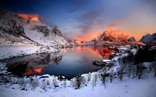 Lake snow mountains sunset boat - covered free wallpaper