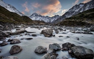 River rocks water mountains sunset - river free wallpaper