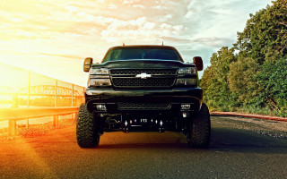 Black truck sunset bridge trees - matte finish free wallpaper