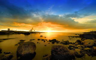 Sunset water rocks boat city 2 - rock free wallpaper