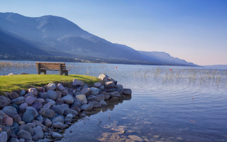 Lake mountains bench rock wall - art free wallpaper
