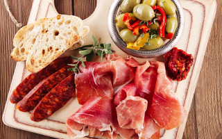 Meats breads olives peppers wooden - a cubist painting free wallpaper
