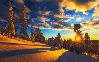 Sunset snowy mountain trees clouds 4 - a sunset over a snowy mountain free wallpaper