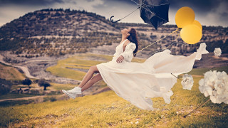 Woman white dress flying umbrella - photorealistic free wallpaper for desktop