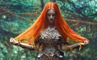 Orange hair forest bird sculpture - fantasy style free wallpaper