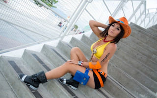 Woman yellow top black shorts 2 - stair free wallpaper
