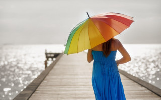 Blue dress umbrella pier ocean - near free wallpaper