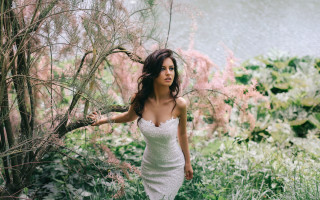 Woman white dress tree flowers - a body of water free wallpaper for desktop