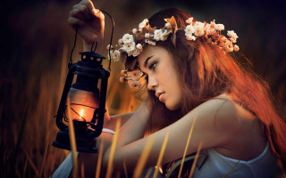 Woman lantern flower wreath field - ann thetis blacker free wallpaper