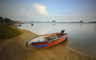Boat shore lake sky clouds - the shore of a lake free wallpaper