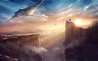 Cliff man fish woman fantasy - matte fantasy painting free wallpaper