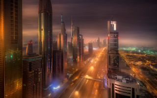 Afrofuturism cityscape bridge tower sunset - traffic free wallpaper