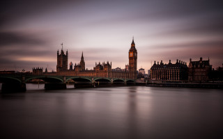 Large building clock tower river 4 - a bridge in front free wallpaper