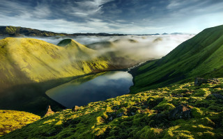 Green mountain lake clouds grass - a green mountain free wallpaper