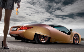 Woman goldcar highheels cloudyroad panpfuturism - the background and a woman free wallpaper