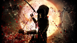 Hooded sword fullmoon blood splatters - full free wallpaper