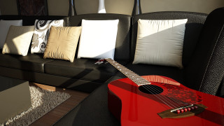 Red guitar black couch living - back free wallpaper