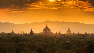 Sunset temple forest mountains hazy - hazy free wallpaper