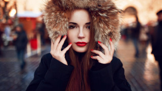 Woman red nails fur hat - red free wallpaper for desktop