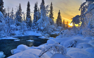 River snow trees sunset mountains - the sky free wallpaper