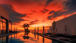 Sunset pool palm tree urban - vibrant colour free wallpaper