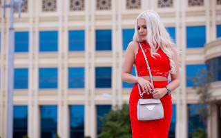 Red dress woman cellphone outdoor - outside free wallpaper