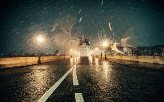 Night snow cityscape moon stars - a street free wallpaper