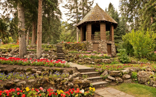 Gazebo flowers trees autumn park - step free wallpaper