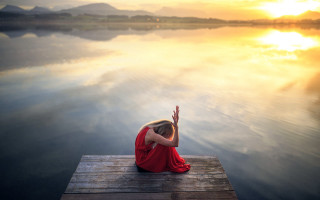 Woman dock sunset kimono beach - elke vogelsang free wallpaper